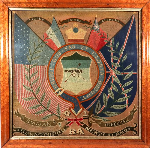 Sailor's Woolwork British Soldier's Woolwork of the Royal Artillery with American Flag and Campaign Honors, 1885-1890 $4,200