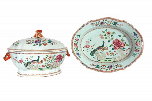 Chinese Export Porcelain 18th-century Chinese Export Porcelain "Double Peacock" Pattern Soup Tureen, Cover & Stand, 1765 $12,500