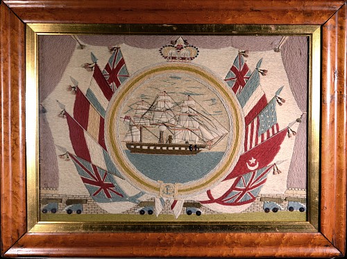 Inventory:  Sailor's Woolwork, British Sailor's Woolwork Flag of Nations"" Woolie With Porthole View, 1870, SOLD &bull;