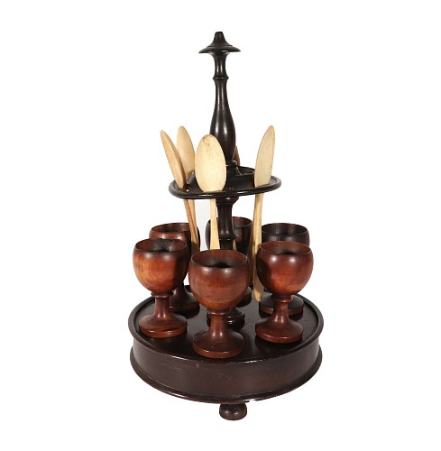 Prisoner of War Wood and Bone Egg Cup Holder with Spoons, Early 19th Century