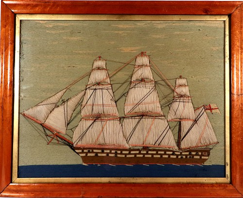 Inventory:  Sailor's Woolwork, British Sailor's Woolwork depicting a Port-side View of a Royal Navy Ship With Trapunto Sails, 1865-75