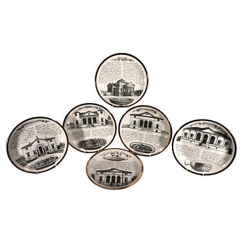 Inventory:  Piero Fornasetti, Piero Fornasetti ""Assiettes Specialita Vicentine"" Set of Six Porcelain Plates, 1970s, $2,250