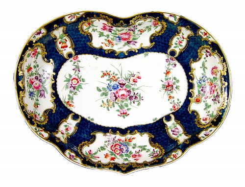 Inventory:  First Period Worcester Porcelain, First Period Worcester Porcelain Botanical Blue Scale Kidney-Shaped Dish, Circa 1770, $2,850
