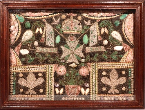 Sailor's Valentine French Caribbean Shell Pictures with Birds, Flowers and Maltese Cross and Royal Motto, 1840 SOLD &bull;