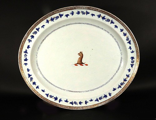 Inventory:  Chinese Export Porcelain, Chinese Export Porcelain Blue Enamel Border Armorial Griffin Crest Dish, 1780, SOLD &bull;