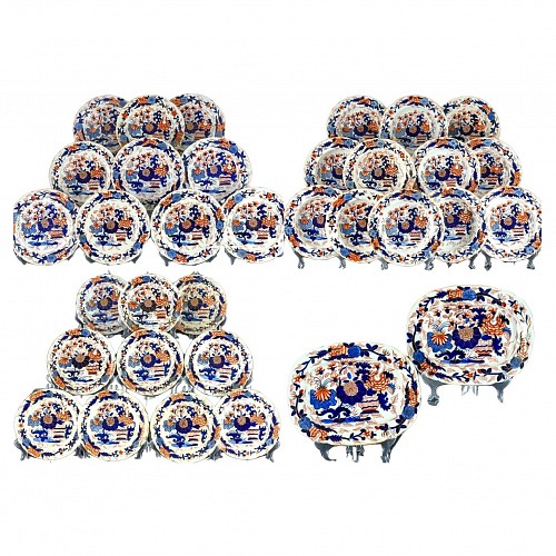 Inventory:  British Porcelain, English Coalport Porcelain Part Dinner Service of Thirty Four Pieces, Japan Basket Pattern, 1820, $9,800
