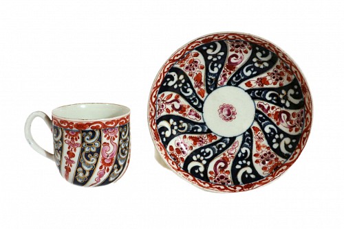 Inventory:  First Period Worcester Porcelain, First Period Worcester Porcelain Queen Charlotte Pattern Coffee Cup and Saucer, 1775, $500