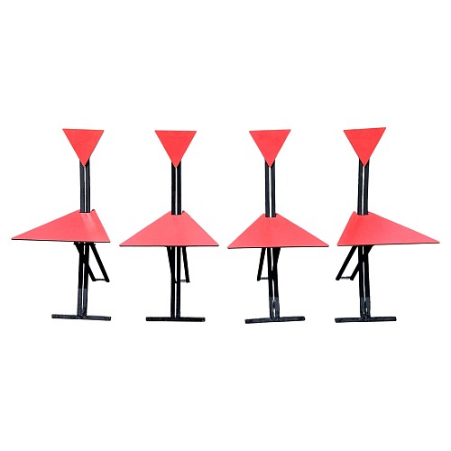 Mid-century Modern Postmodern Folding Chairs with Triangular Red Seats, Set of Four, Circa 1985, 1985 $2,500