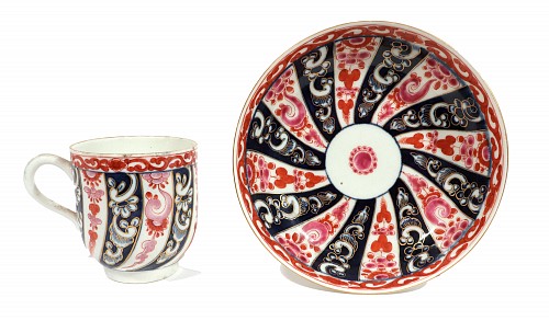 Inventory:  First Period Worcester Porcelain, First Period Worcester Porcelain Queen Charlotte Pattern Coffee Cup and Saucer, 1775, $950