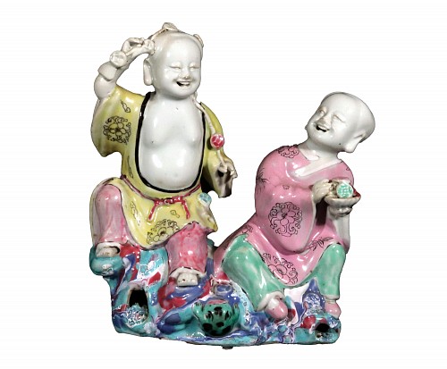 Inventory:  Chinese Export Porcelain, 18th-century Chinese Export Porcelain Double Boy Figure Group of Hehe Erxian, 1770-80, $4,500