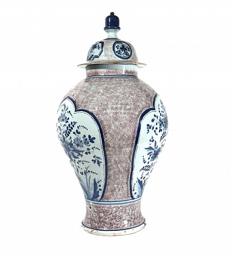 Inventory:  Dutch Delft, 18th-century Dutch Delft Powdered Manganese & Blue Large Vase & Cover, 1750, $3,500