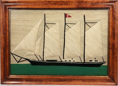 Inventory:  Sailor's Woolwork, British Sailor's Woolwork of a Three-Masted Schooner Under Full Sail, 1890-1900, SOLD &bull;