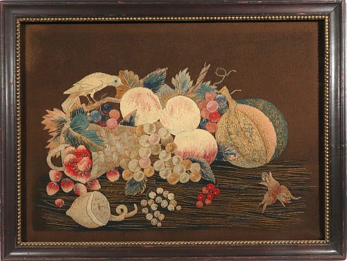 Inventory:  Folk Art, Regency Wool and Silk Threadwork Picture: Still Life of Fruit with Bird r4g, 1830, SOLD &bull;