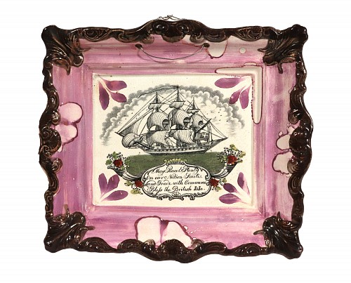 British Pottery Sunderland Luster Maritime Pottery Plaque, "May Peace and Plenty on our Nation Smite....", 1855-65 SOLD &bull;