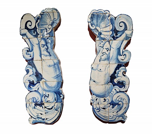 Inventory:  Portuguese Faience, Pair of 18th-Century Portuguese Azulejo Tile Mermen, 1770, $5,500