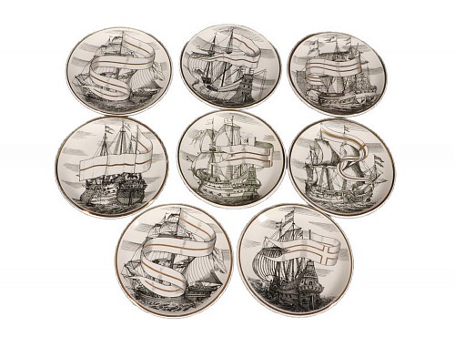 Piero Fornasetti Piero Fornasetti Tall Ship Ceramic Coasters with Original Blue Box, Velieri Pattern, Early 1960s $850
