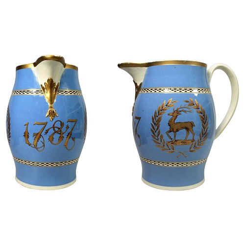 Inventory:  British Pottery, English Pottery Blue Slip Crested Jug, Dated 1787, Dated 1787, $3,750