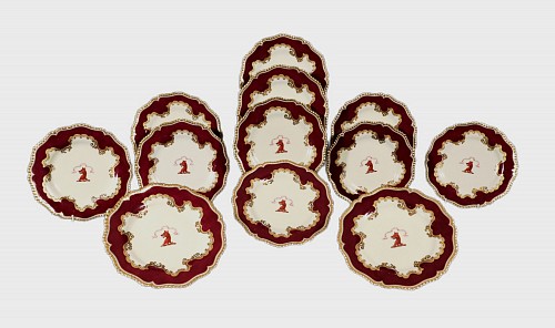 Flight & Barr Worcester Flight, Barr & Barr Worcester Armorial Porcelain Claret-ground Dessert Plates- This service was commissioned by Sir William Heygate, 1822-23 $3,750