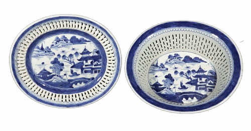 Inventory:  Chinese Export Porcelain, Chinese Export Porcelain Canton Blue & White Chestnut Basket & Stand, 1820, $750