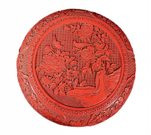 Inventory:  China Trade, Chinese Carved Cinnabar Red Lacquer Circular Box and Cover, 1st Half 20th Century, $3,750