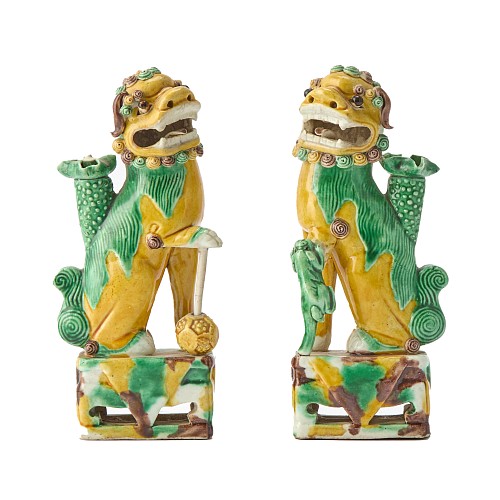 Inventory:  Chinese Porcelain, Sancai Guardians: Pair of Chinese Kangxi Biscuit Porcelain Fu Lions, 1700-1710, SOLD &bull;