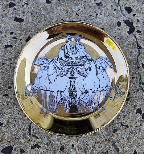 Inventory:  Piero Fornasetti, Piero Fornasetti Set of Eight Coasters of Roman Chariots on a Gold Ground, 1960s, $950