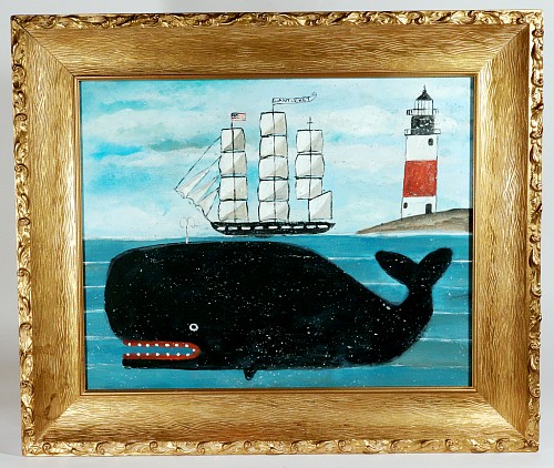 Melinda Kirkpatrick Folk Art Painting of Whale and Ship Flying Nantucket Flag, Melinda Kirkpatrick SOLD &bull;