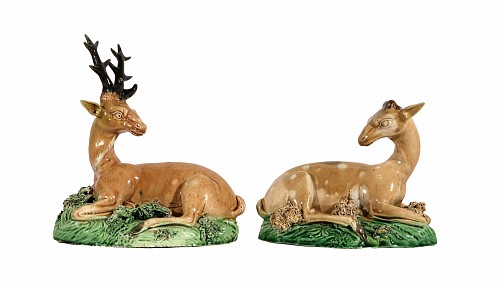 British Pottery 18th Century Ralph Wood-type Stag and Hind Pearlware Pottery Figures, 1775-85 SOLD &bull;