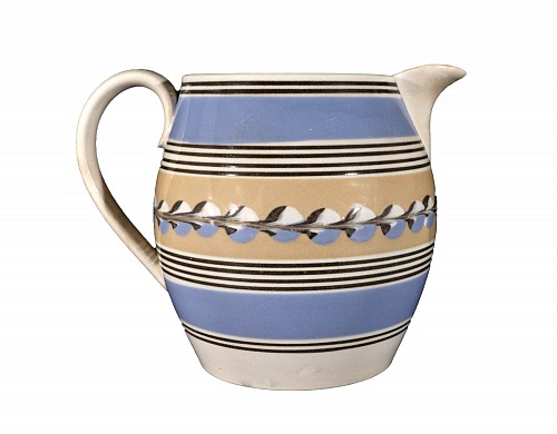 Inventory:  Mocha, English Mocha Pottery Blue & Yellow Slip Jug with Cat's Eye Decoration, Early 19th Century, SOLD &bull;