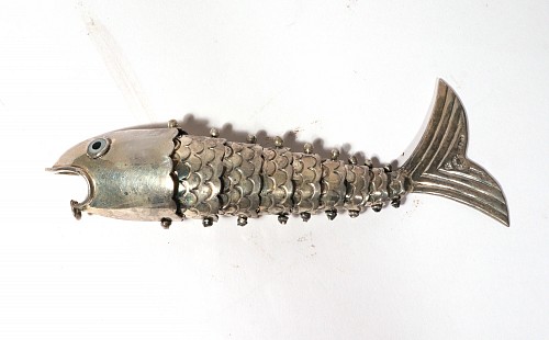 Inventory:  Mid-century Modern, Los Castillo Taxco Mexican Silver Plate Articulated Fish Bottle Opener, 1980, $750