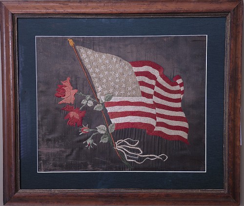 Inventory:  American Textile, American Flag Silk Embroidered Picture with Forty-Seven Stars and Roses, New Mexico Statehood
American, Circa 1912, 1900, $2,500