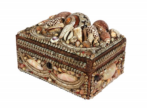 Inventory: Victorian Shellwork Sewing and Jewelry Box with Mirrored Fitted Interior, 1850-80, $2,750