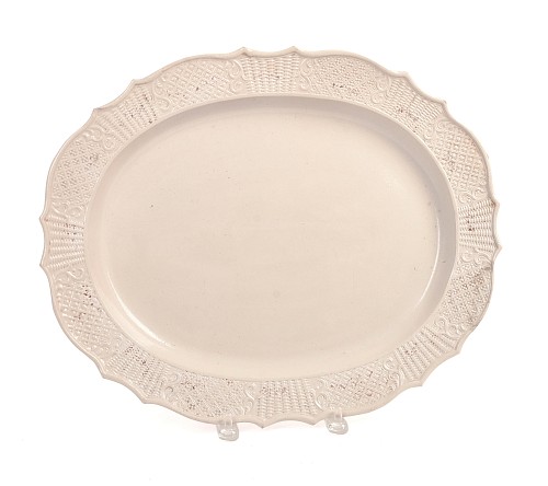 Inventory:  British Pottery, White Salt-Glazed Stoneware Dish, Dot, Diaper and Basket Pattern, Probably Staffordshire, 1755-75