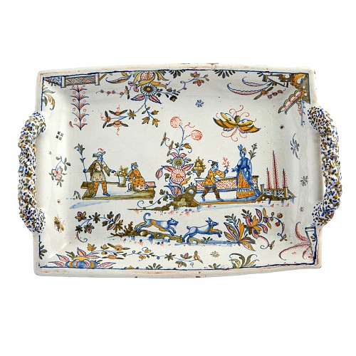 Inventory:  French Faience, French Fa&Atilde;&macr;ence Marseille Chinoiserie Footed Tray (Bannette), attributed to the Leroy Workshop, Circa 1730, $4,800