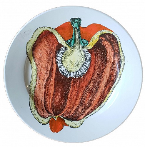 Inventory:  Piero Fornasetti, Piero Fornasetti Cut Fruit Pottery Plate, Sezioni Di Frutta Series, Peperone, Dated 1953, SOLD &bull;