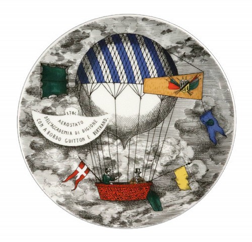Inventory:  Piero Fornasetti, Piero Fornasetti Porcelain Hot Air Balloon Plate, Mongolfiere Pattern, Rosenthal, Motiv 1, 1980's, SOLD &bull;