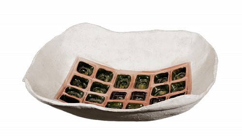 Mid-century Modern American Stoneware Pottery Rectangular Bowl with Box of Chocolate Design, 1960s $750