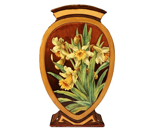 Inventory:  British Pottery, Aesthetic Movement Doulton Faience Shaped Botanical Pottery Vase Signed by Artist Mary M Arding, Early 1880s, SOLD &bull;