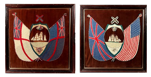 Sailor's Woolwork Sailor's Woolworks, Rare Square Pair on Velvet with Union Jack, Stars and Stripes and Royal Navy Ensigns, 1880 $3,750