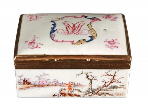 Chinese Export Porcelain Chinese Export Porcelain Famille Rose Snuff Box with European subjects after Meissen, 1760 $5,500