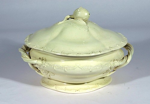 Inventory:  Creamware Pottery, English Creamware Soup Tureen and Cover, Feather-Edge Molding with Rope-Twist Handles, Leeds, Yorkshire, 1770-85, $2,100