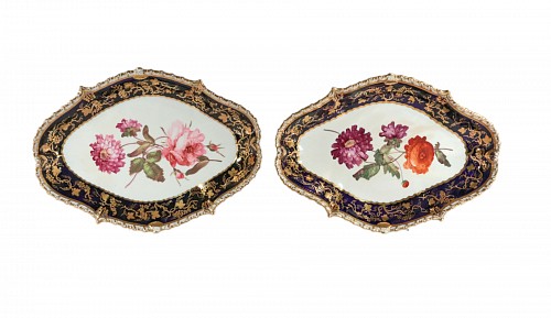 Inventory:  British Porcelain, Coalport Porcelain Botanical Lozenge Dishes, Pair, John Rose, 1820, $1,850