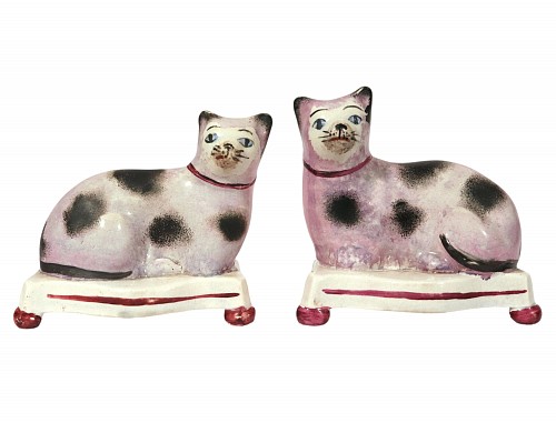 Inventory:  Staffordshire, Pair of Staffordshire Pottery Seated Cats on Cushions, 1820-40, $850