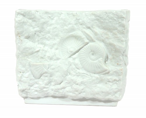Inventory:  Mid-century Modern, Kaiser Porcelain Fossil Relief Vase, White Bisque with Ammonites and Shells, Sculptural Pinched Form, West Germany, 1970s, $400