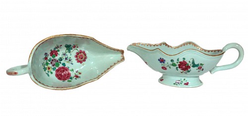 Inventory:  Chinese Export Porcelain, Chinese Export Porcelain Famille Rose Sauce Boats, Pair, Silver Shape, 1765, $1,950